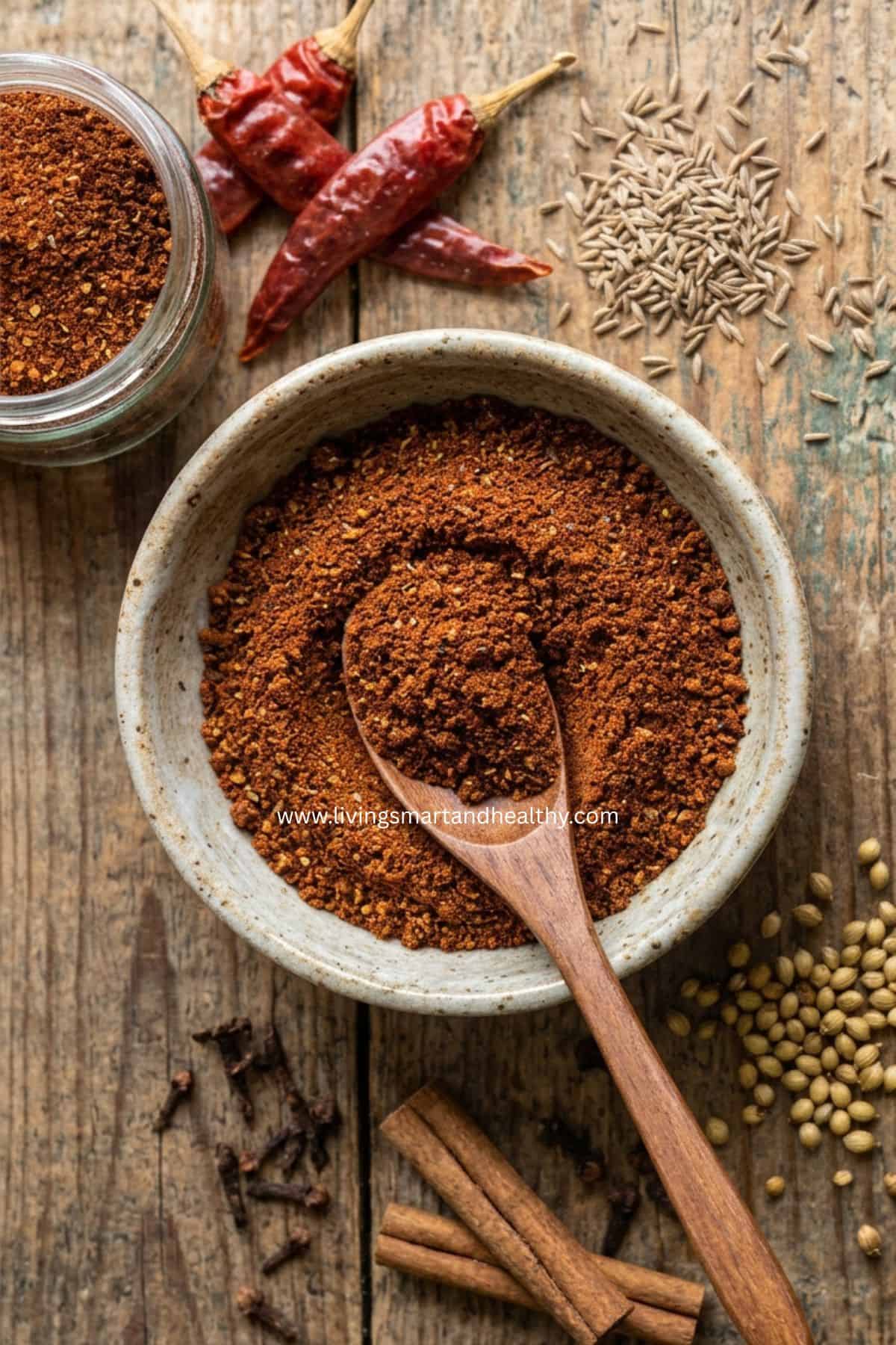 Homemade dabeli masala powder in a small bowl.