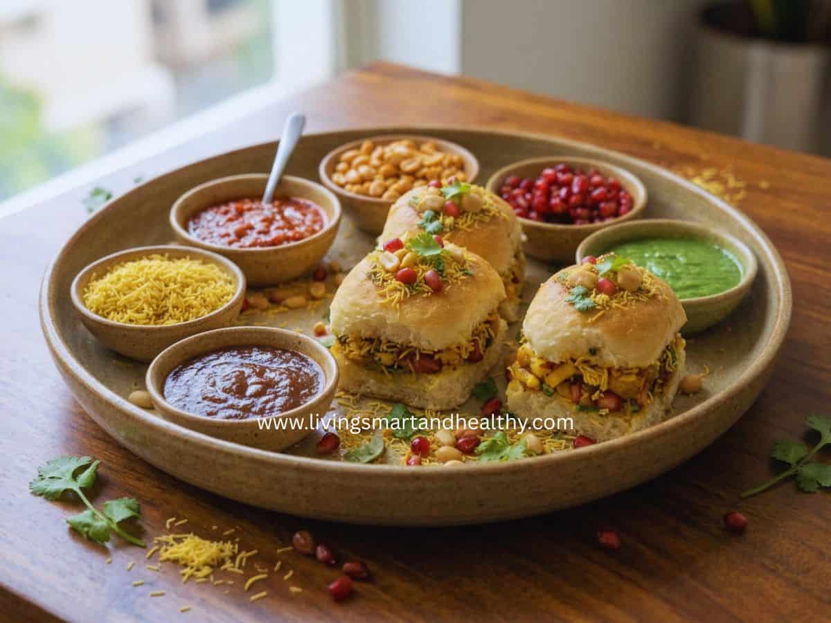 Dabeli pav stuffed with potato masala, chutneys, peanuts, and sev