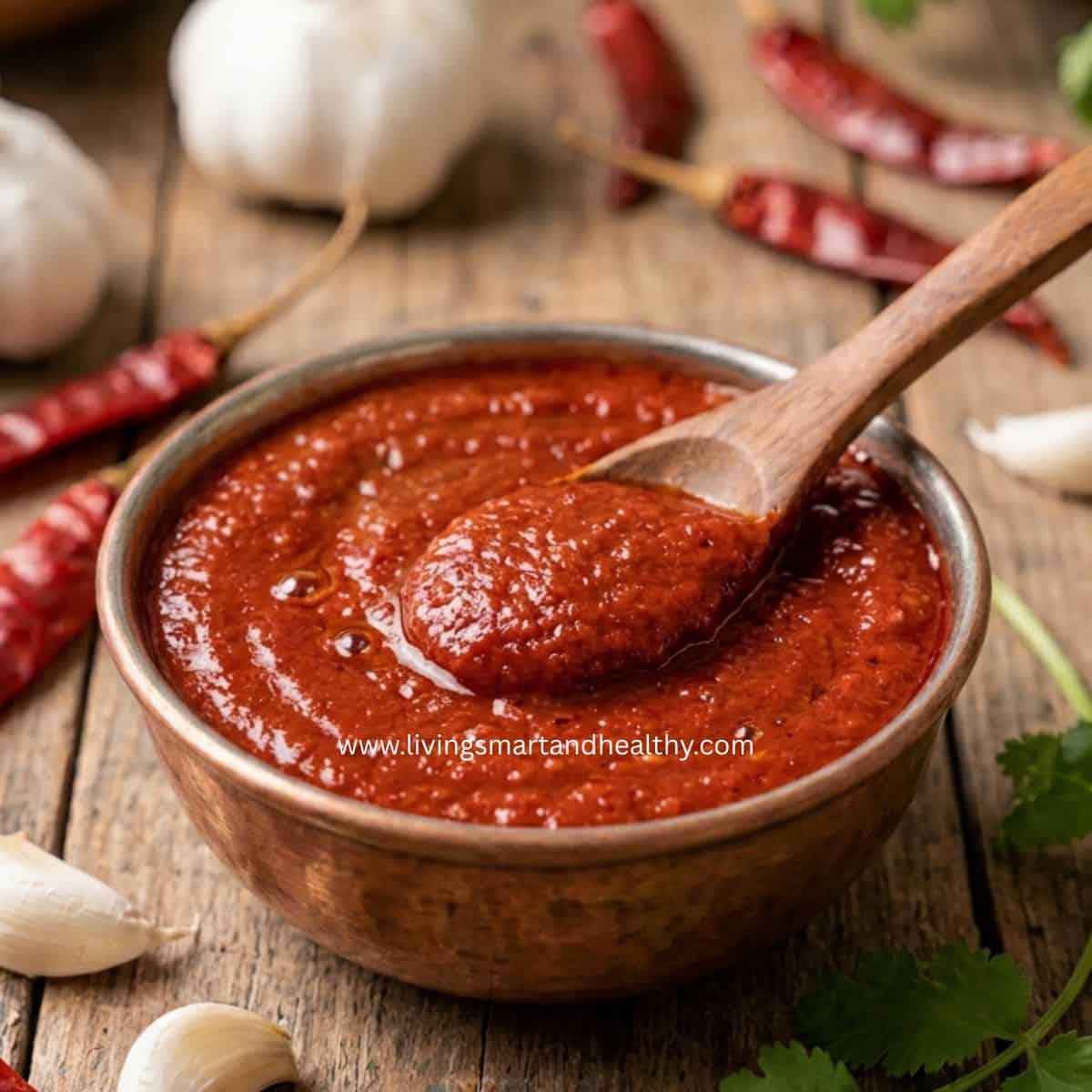 1. Homemade red chutney served in a bowl, an easy garlic chutney for dabeli, vada pav, and Indian chaats.