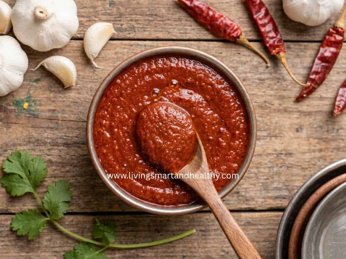 Spicy red garlic chutney blended with garlic, red chilies, and cumin for a flavorful garlic chutney recipe.