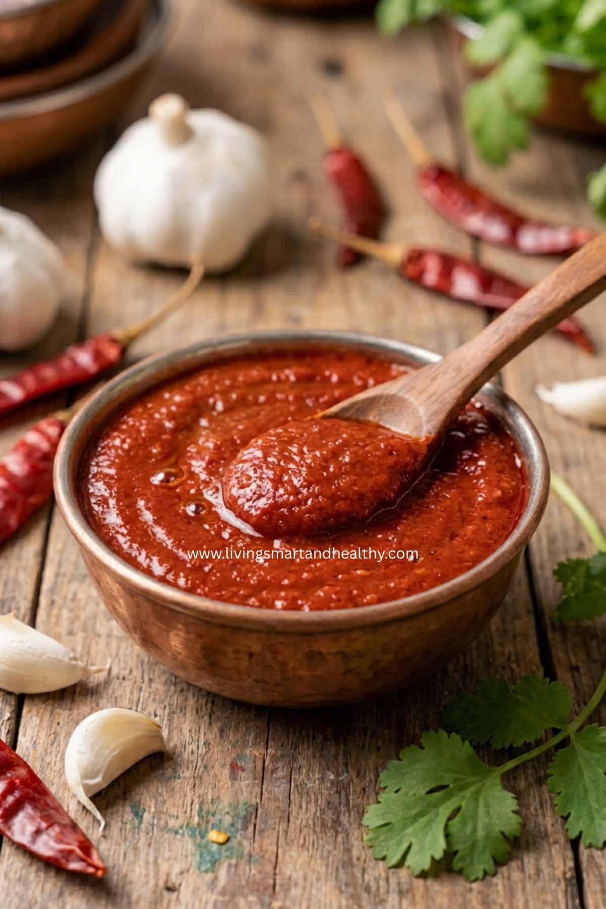 Homemade garlic chutney with dried red chilies, perfect spicy red chutney for Indian snacks.