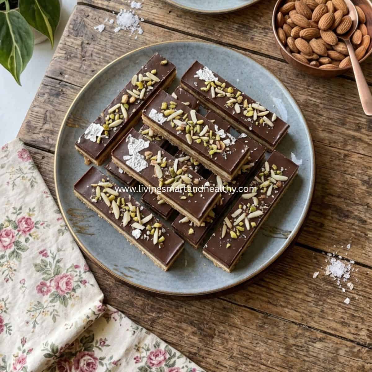1. Close-up of creamy cardamom burfi bars with chocolate ganache.
