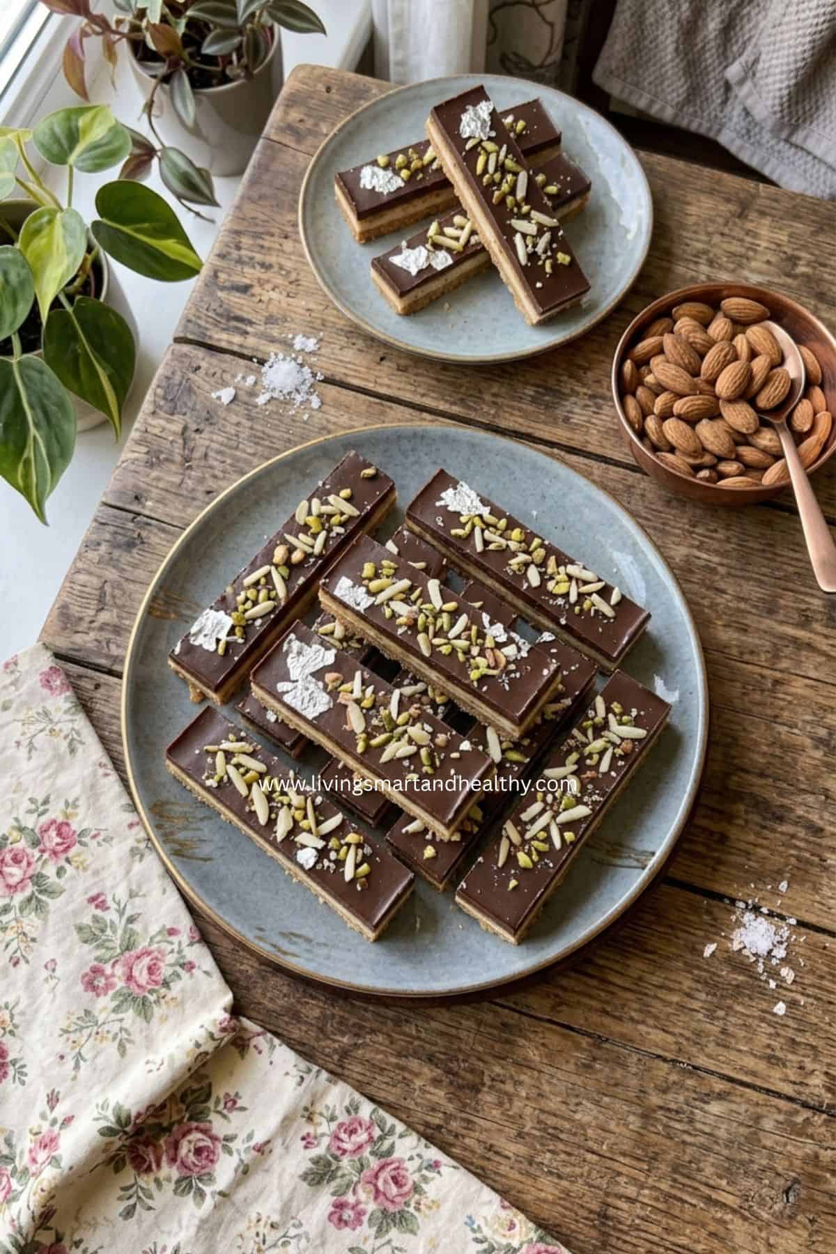 Milk powder burfi bars with biscuit crust and chocolate topping.
