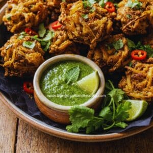 Homemade onion bhajis, crispy and golden brown.
