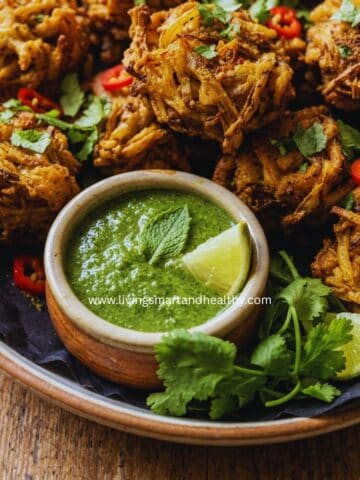 Homemade onion bhajis, crispy and golden brown.
