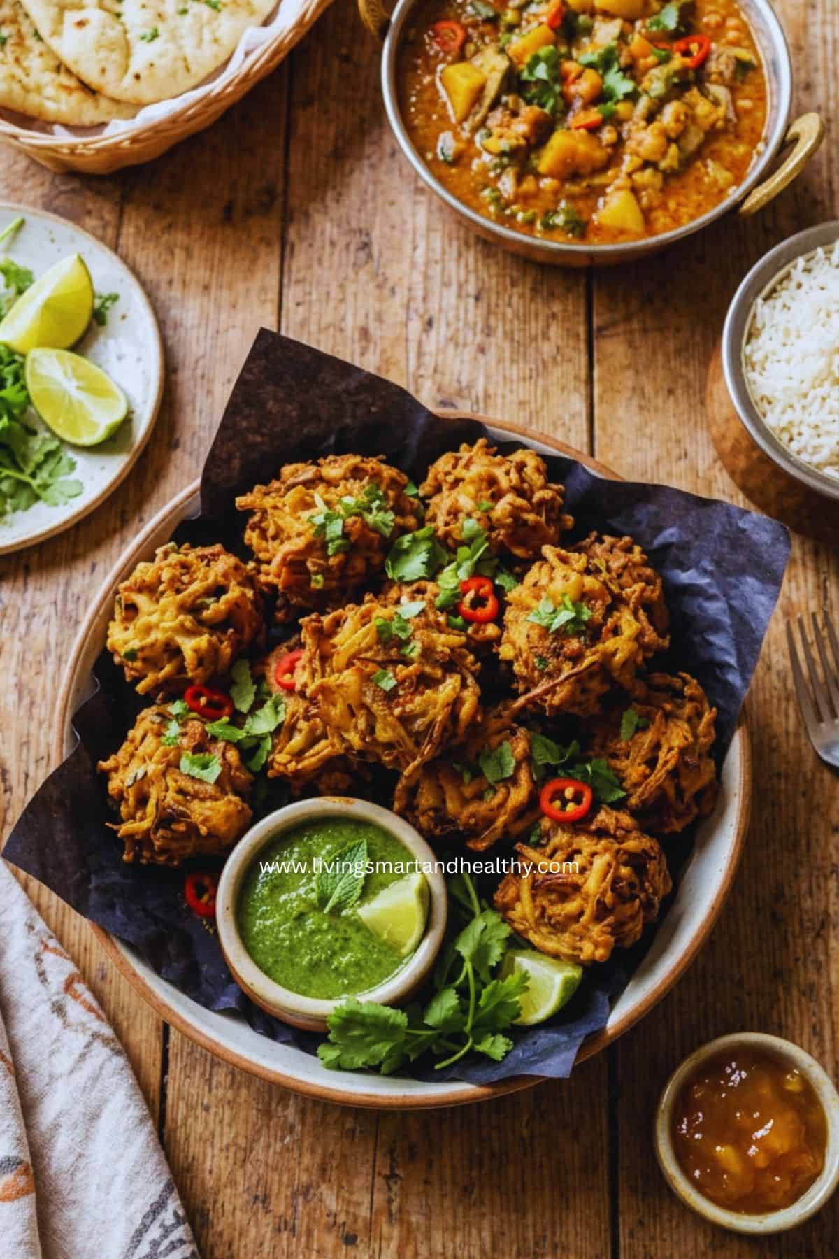 1. Indian onion bhaji pakoras served on a plate, perfect for tea-time snacks.