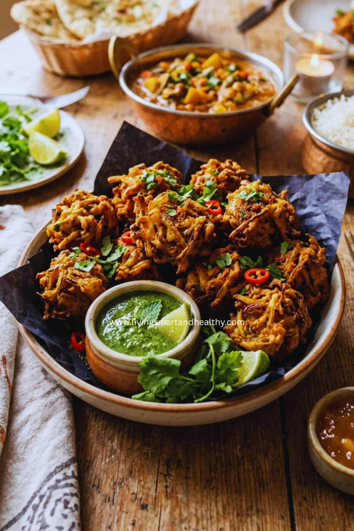 Crispy onion bhaji made with sliced onions, chickpea flour, and Indian spices.