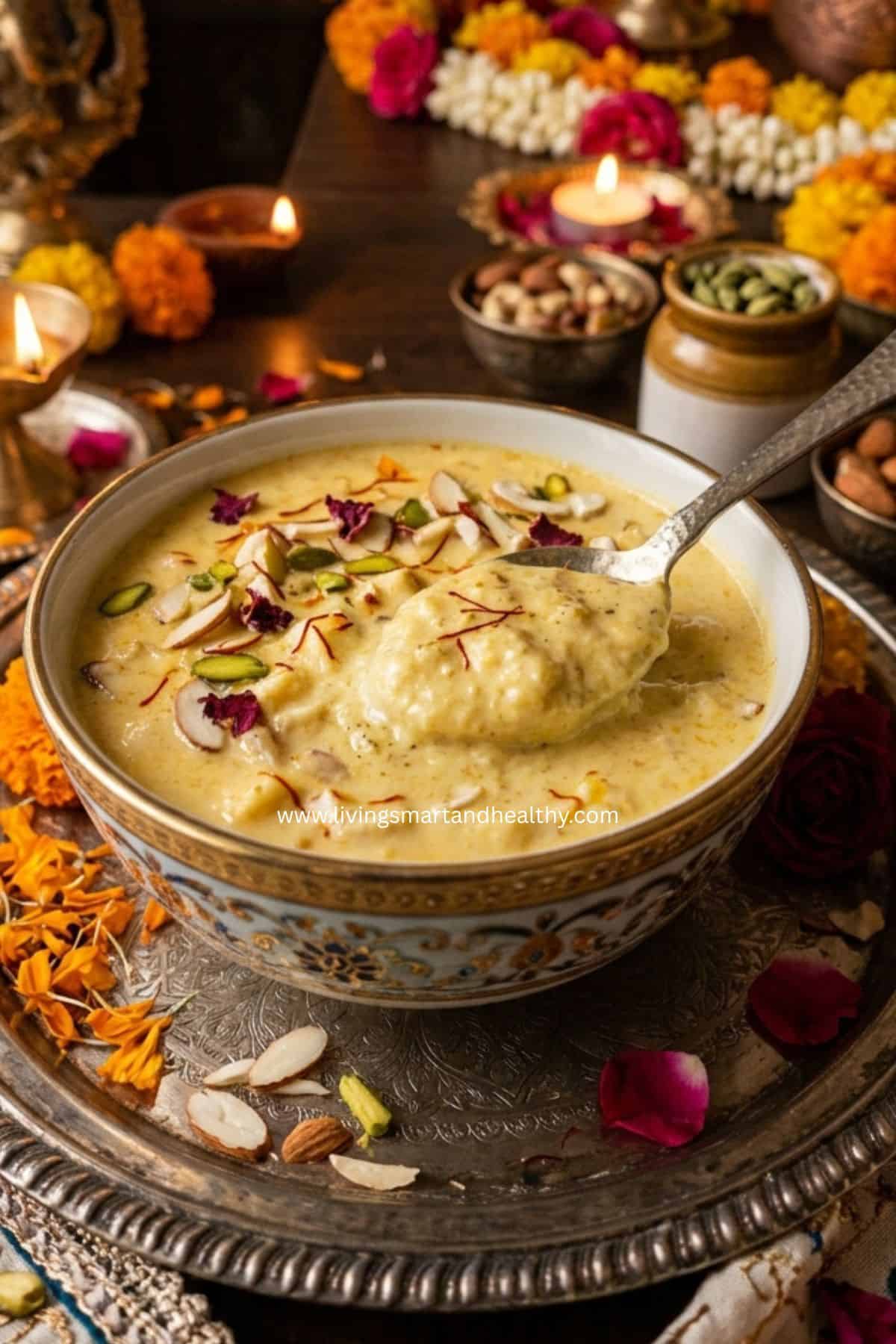 closeup of Paneer kheer chilled and served with rose petals