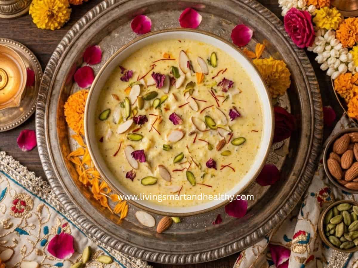 Paneer kheer chilled and served with rose petals