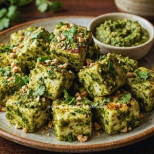 Thecha paneer cubes coated in green chili peanut paste, served on a plate with lemon wedges and cilantro