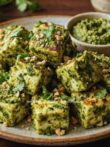 Thecha paneer cubes coated in green chili peanut paste, served on a plate with lemon wedges and cilantro