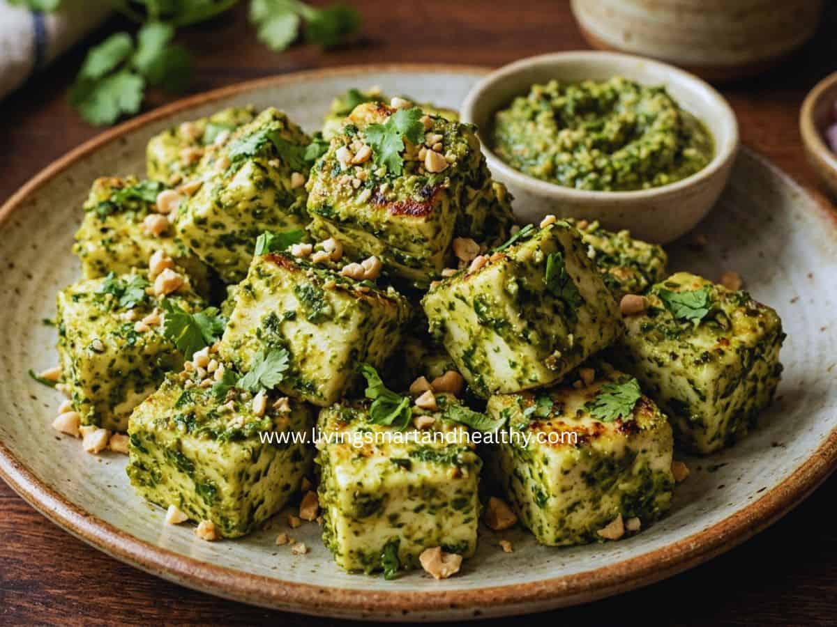 Spicy paneer thecha served with toothpicks, lemon wedges, and mint chutney as an Indian appetizer