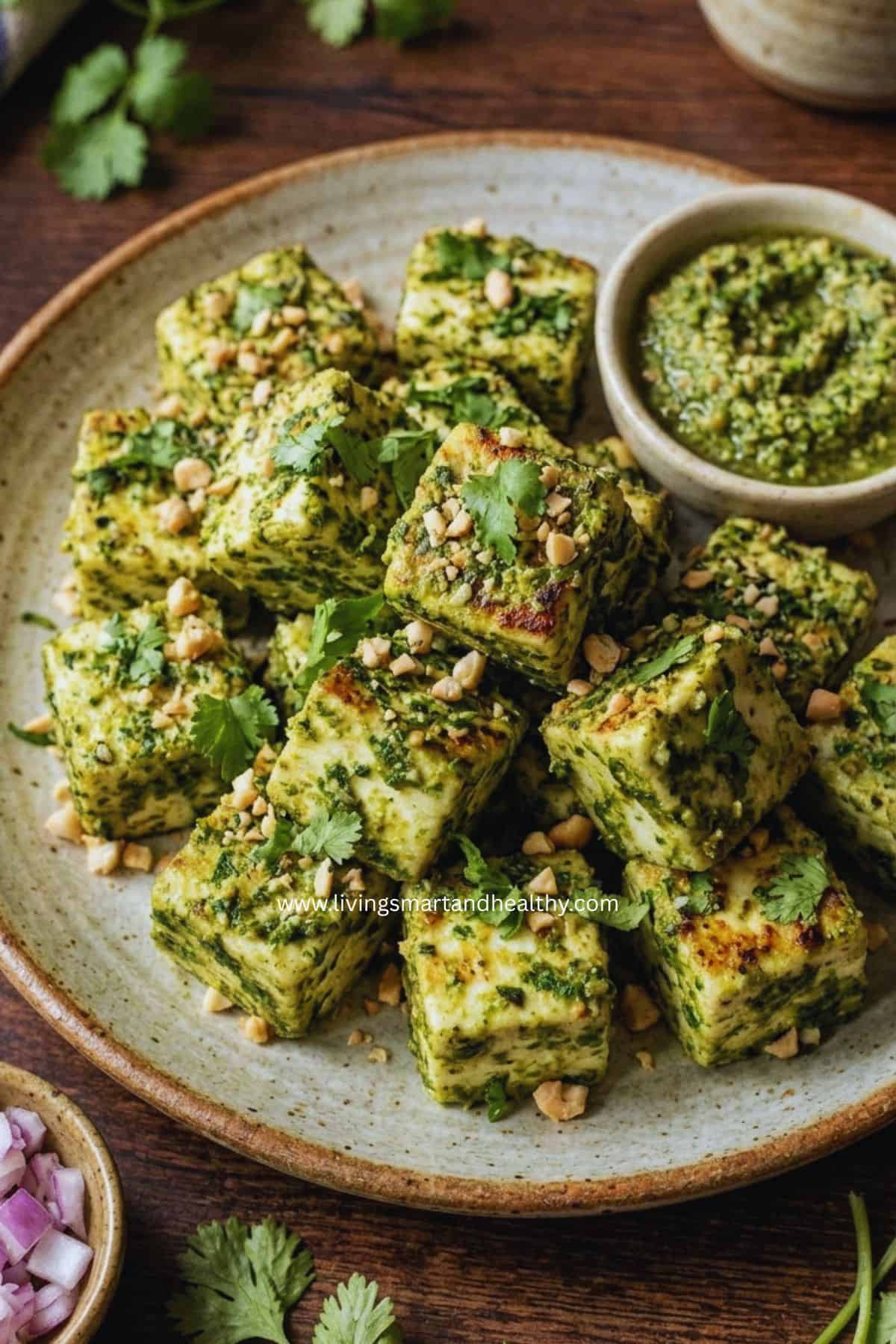 Thecha paneer recipe, with paneer cubes browned and coated in green chili garlic paste