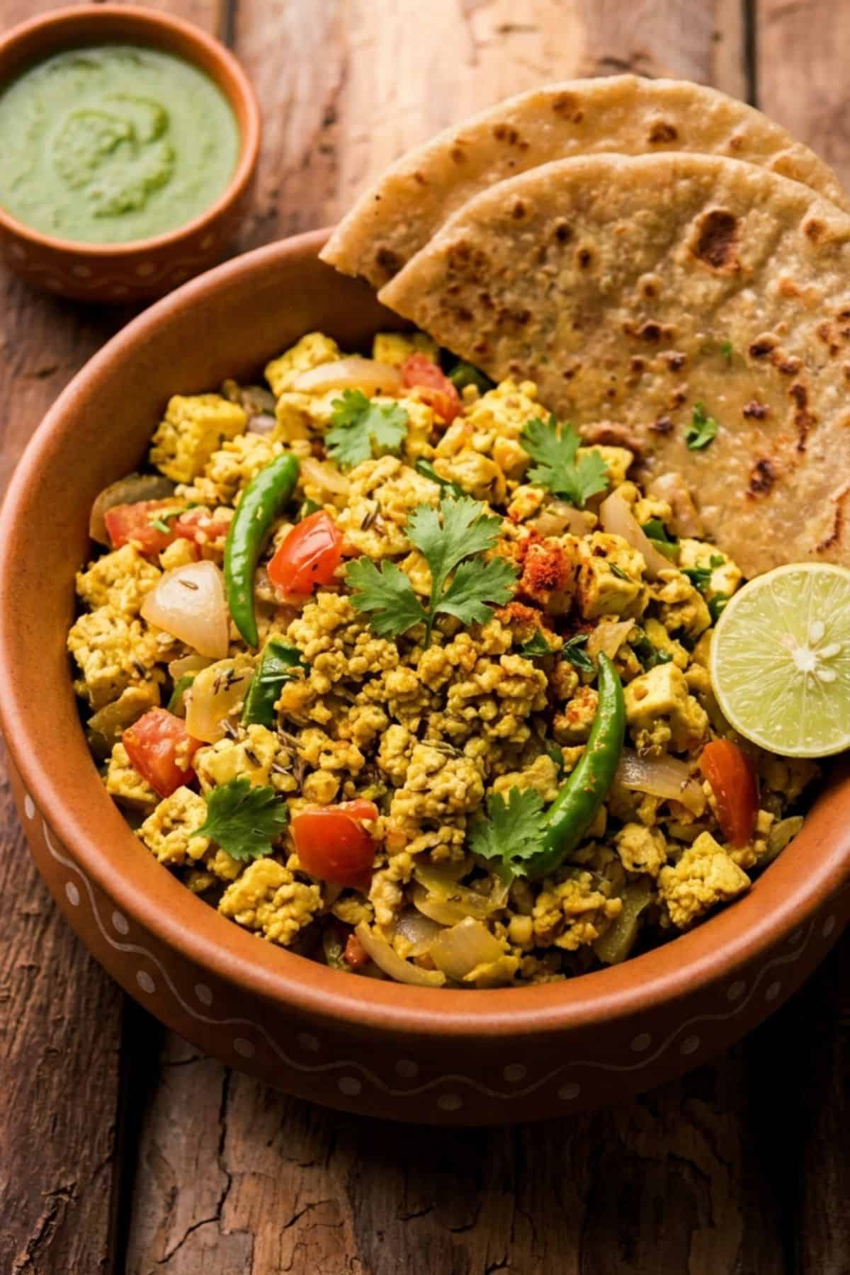 Tofu bhurji, an Indian-style tofu scramble, served in a pan with cilantro and toast