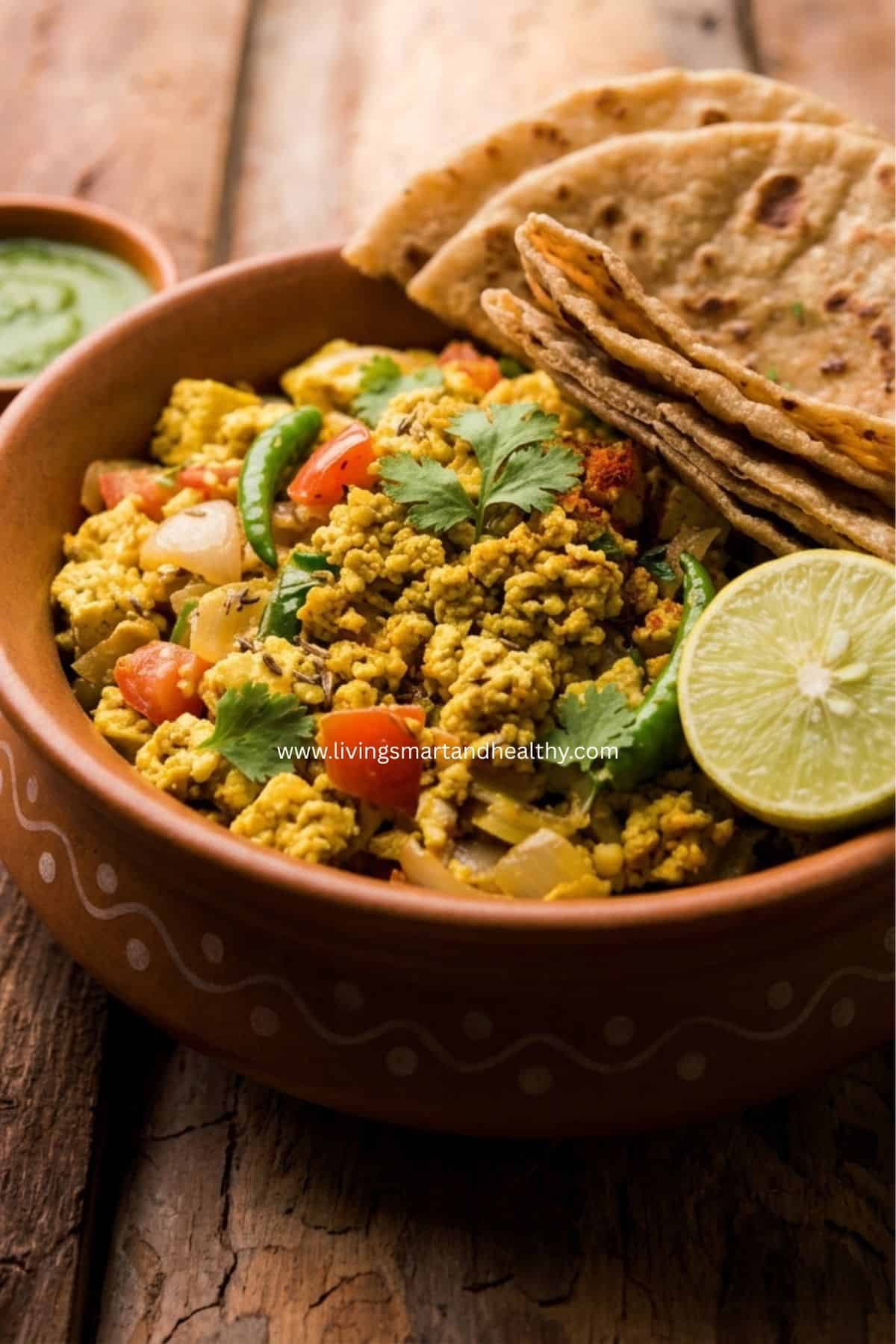 Tofu bhurji wrap with chutney and sliced onions